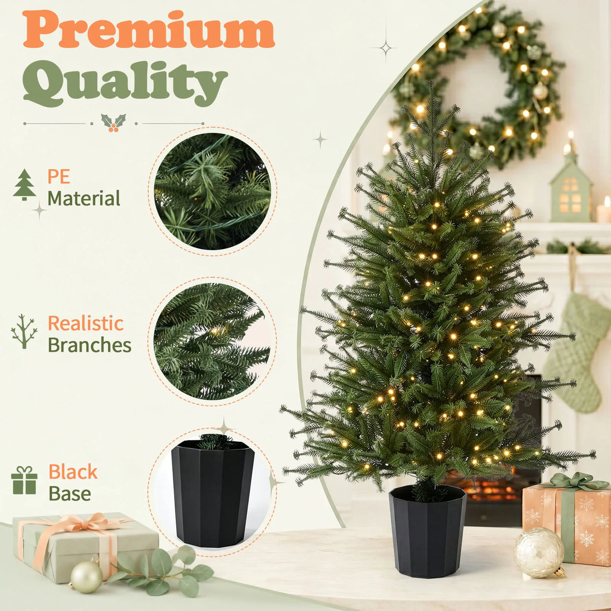 3FT Pre-Lit Artificial Christmas Tree, Green PE Mini Xmas Tree with 80 Warm White LED Lights (8 Modes), 100 Branch Tips, Black Round Pot Base, Battery Operated