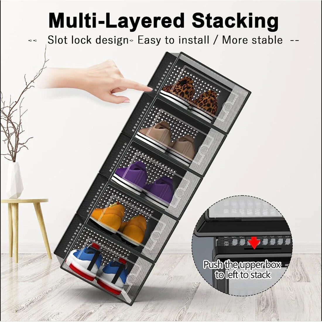 Brand New 12-Piece Set of Clear Shoe Boxes/Storage Bins — Plastic, Stackable-Black