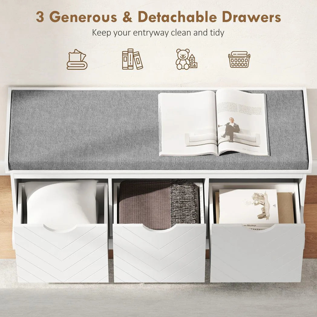 HOMCOM 3-Drawer Padded Shoe Bench with Breathable & Washable Linen-look Cover, White
