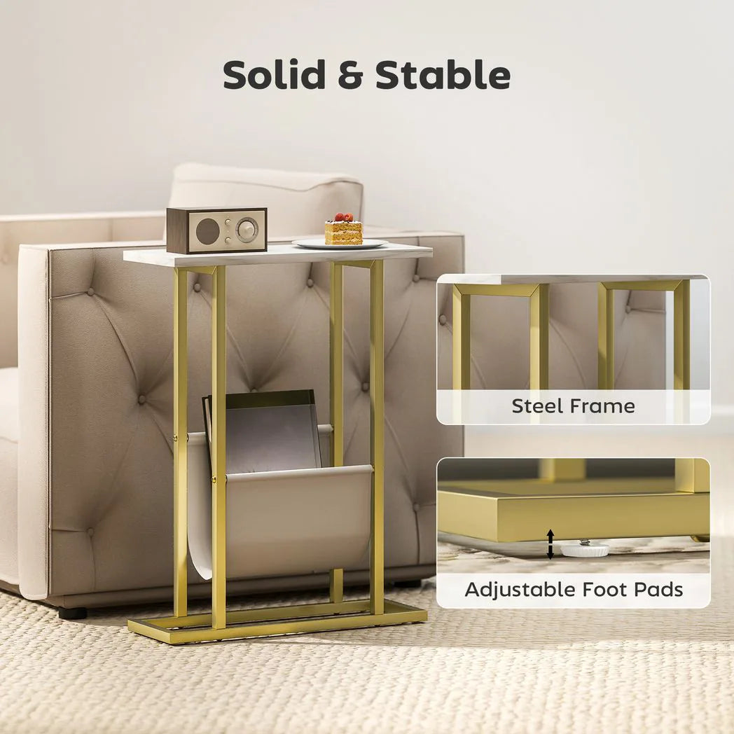 HOMCOM Narrow Side Table, End Table with Magazine Holder, Nightstand for Small Spaces, Living Room, Bedroom, White Marble Grain
