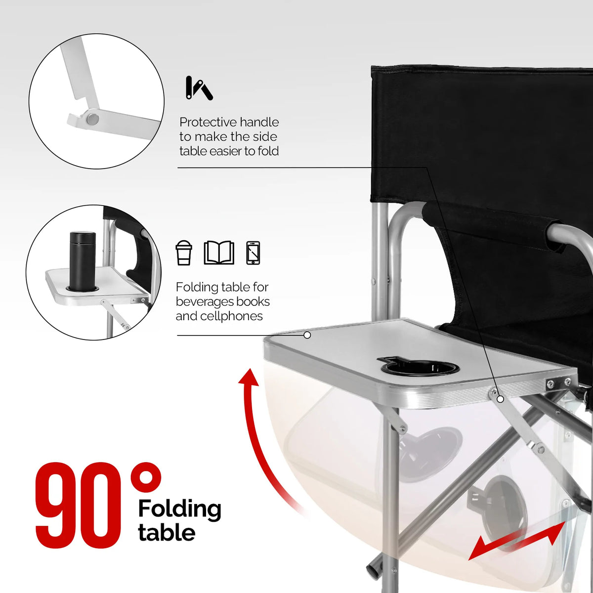 Folding Director Chair with Side Table & Storage Pockets, 41"×23.6"×26.4" Heavy Duty Spray-Coated Metal Frame Makeup Artist Chair, Portable Tall Folding Camping Chair, Supports 300 LBS, Black Oxford Fabric, No Carry Bag  >