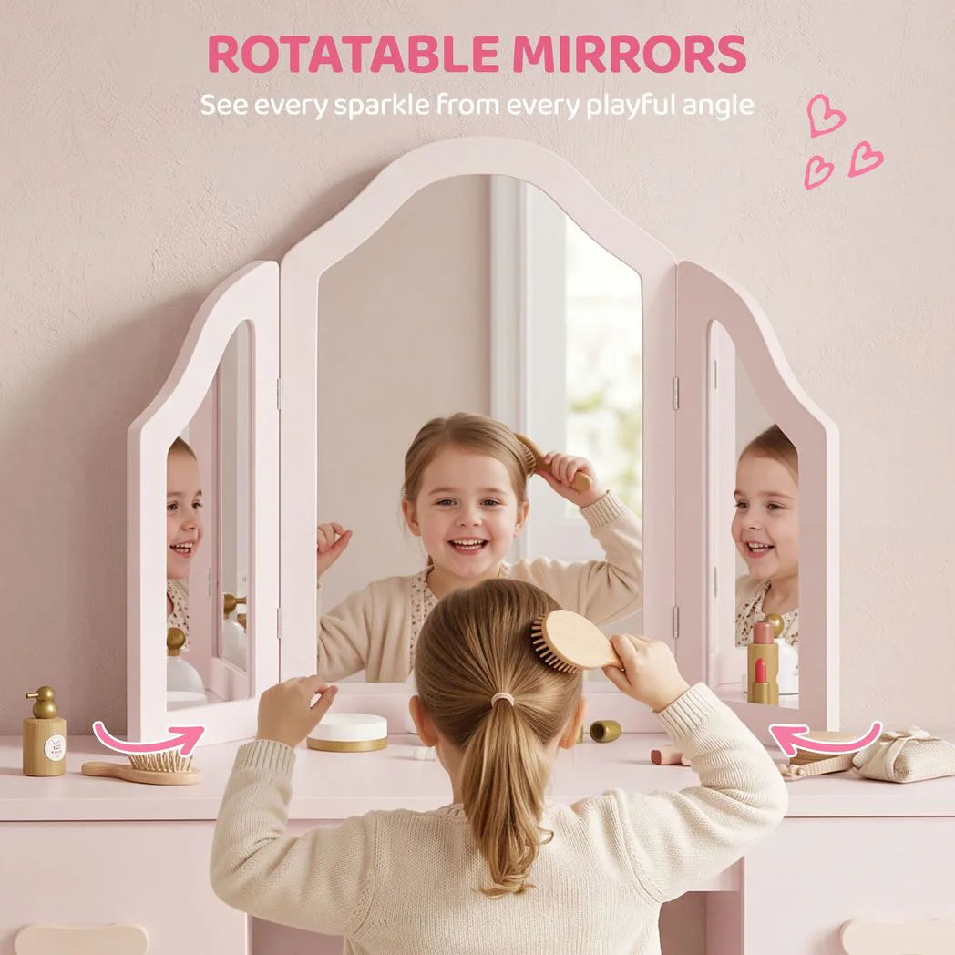 AIYAPLAY Kids Dressing Table, Kids Vanity Table and Chair Set with Tri-Folding Mirror, 2 Drawers, 2 Cabinets for Girls 3, Pink