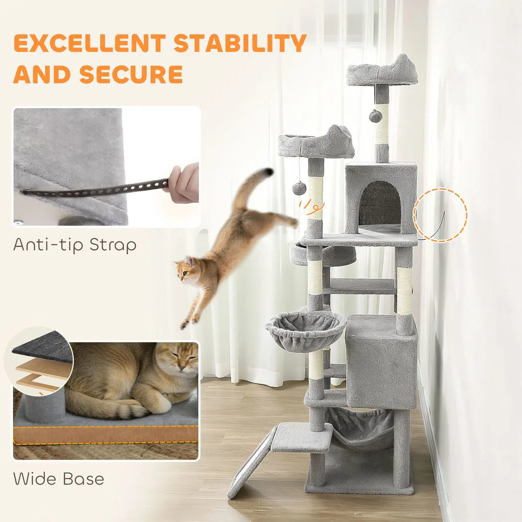 PawHut Cat Tree, 192 cm Large Multi-Level Cat Tower for Indoor Kittens with 8 Scratching Posts, 3 Plush Beds, 2 Hammocks