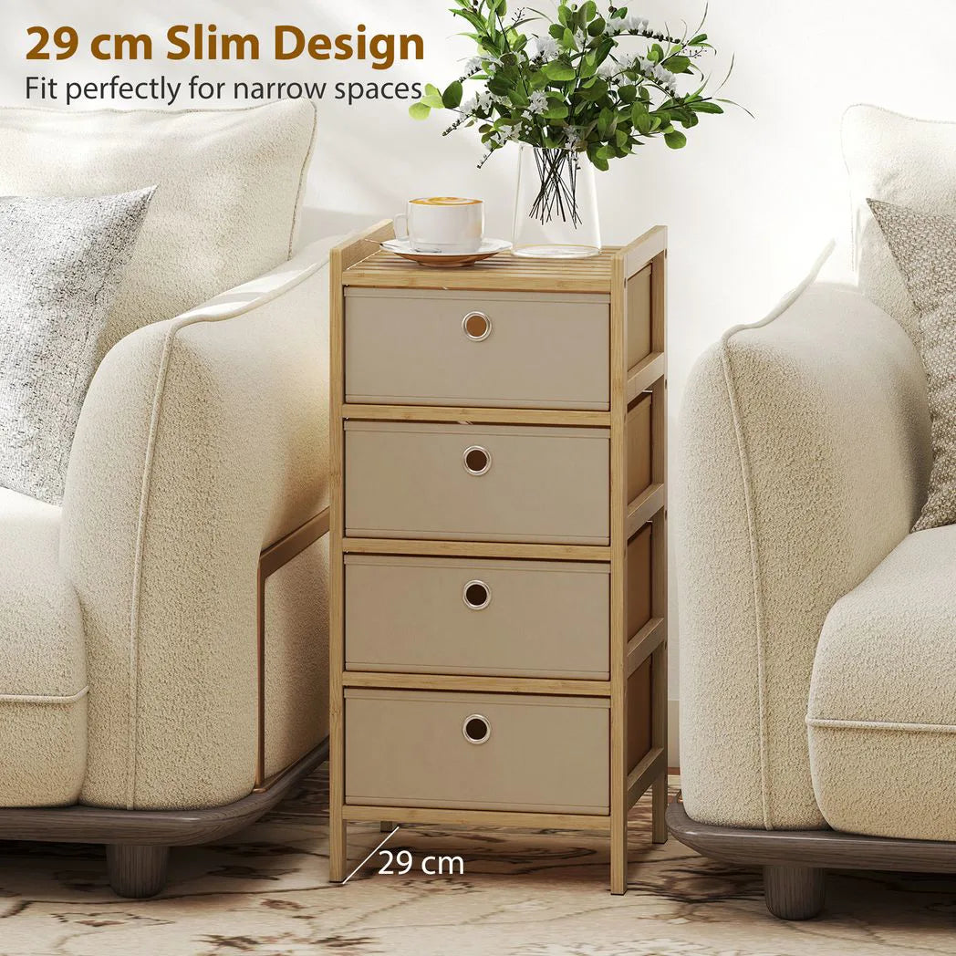 HOMCOM Chest of Drawers, 4 Fabric Drawers Narrow Dresser with Bamboo Frame, Cream White