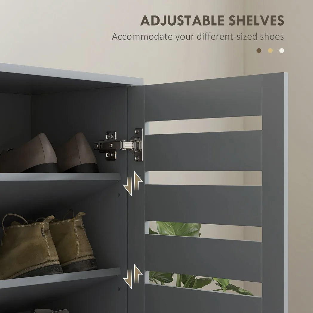 HOMCOM Narrow Shoe Cabinet for Entryway, 5-Tier Slim Shoe Storage Cabinet with 2 Slatted Doors and Adjustable Shelves Grey