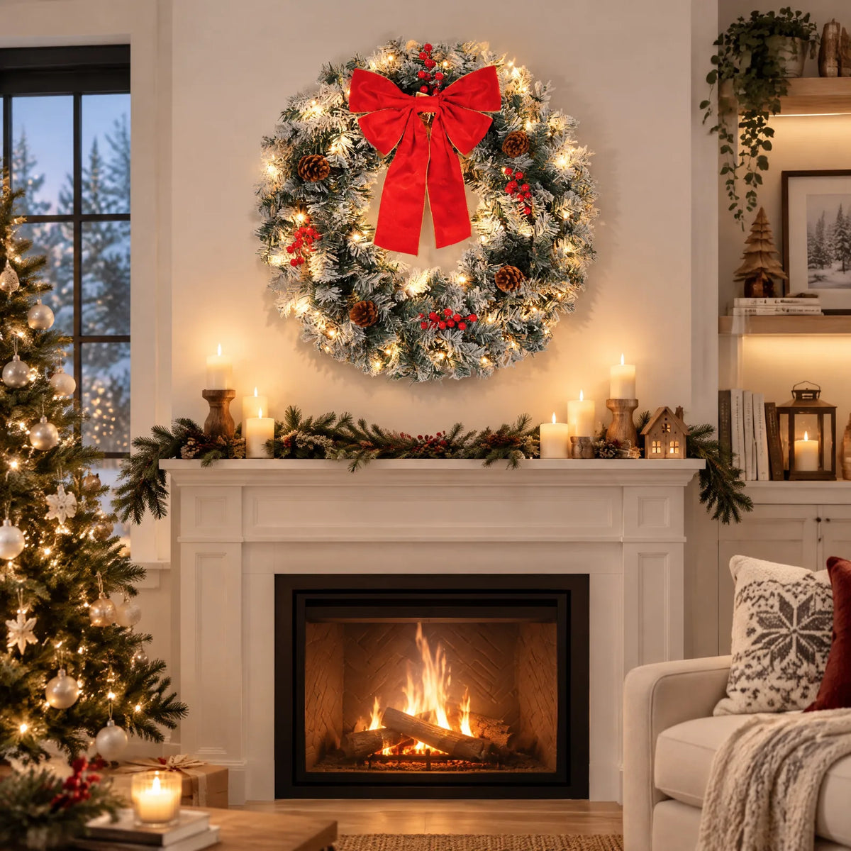 36in Pre-lit Snow Flocked Christmas Wreath, Lighted Artificial Xmas Wreath with 100 Warm Lights and 300 PVC Tips and Bow Red Berries Pine Cones, for Front Door Gate Wall Xmas Party Decorations