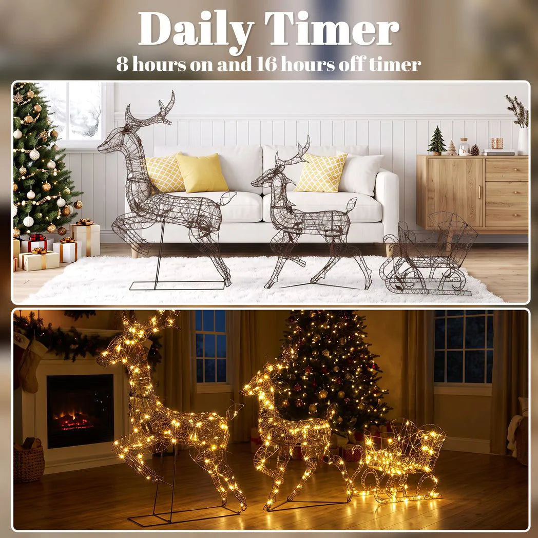 Outsunny 3-Piece Lighted Reindeer and Sleigh Set, PP Rattan Outdoor Christmas Decoration with LEDs, 8 Modes, Daily Timer