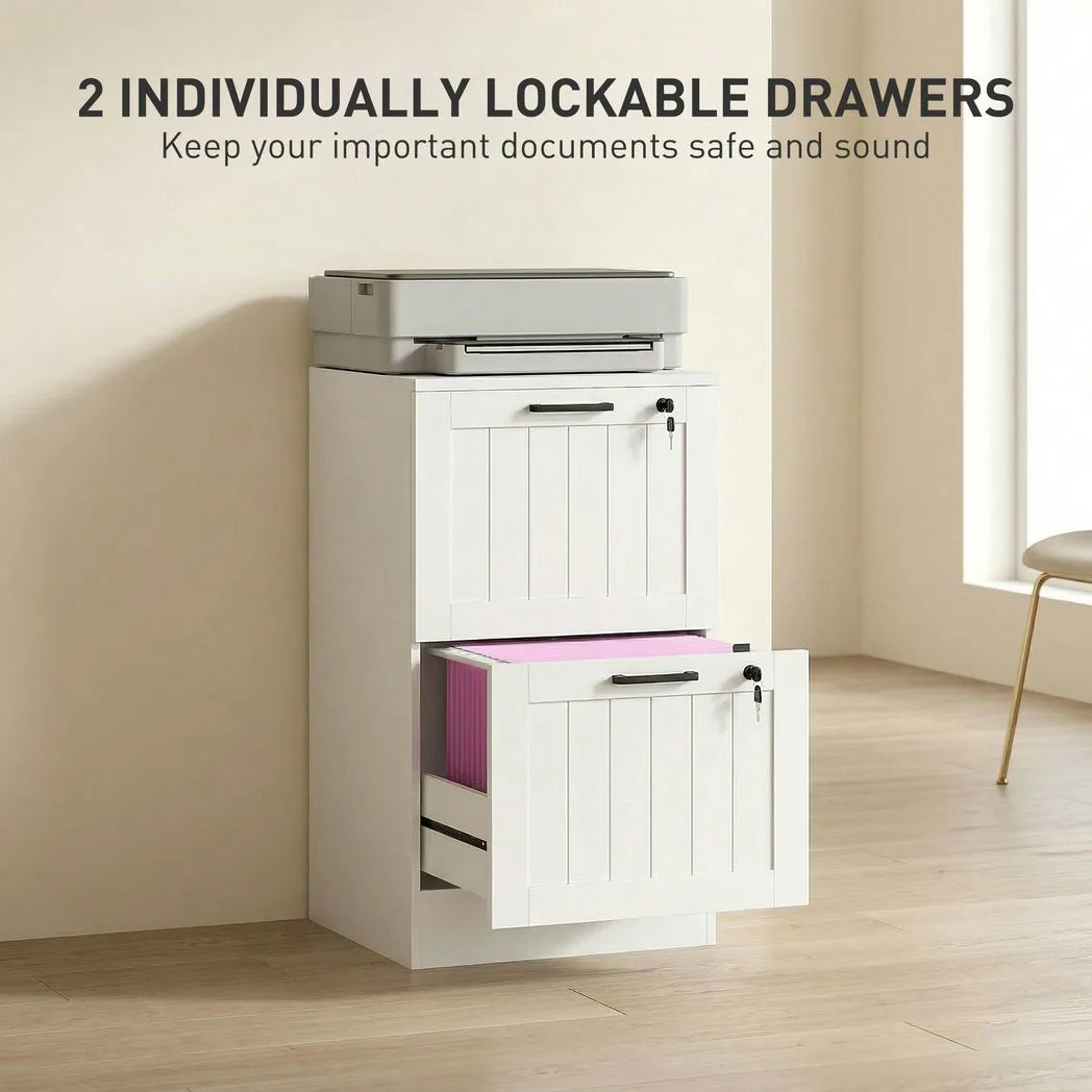 HOMCOM 2 Drawer Filing Cabinet with Lock, Office Storage Cabinet with Adjustable Hanging Bars for A4 Letter Size Files, White