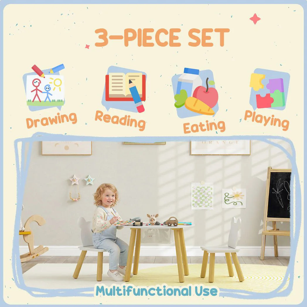 AIYAPLAY 3-Piece Kids Activity Table Set with Centre Mesh Bag, Bear-Shaped Backrest, for Arts and Crafts, Reading, White