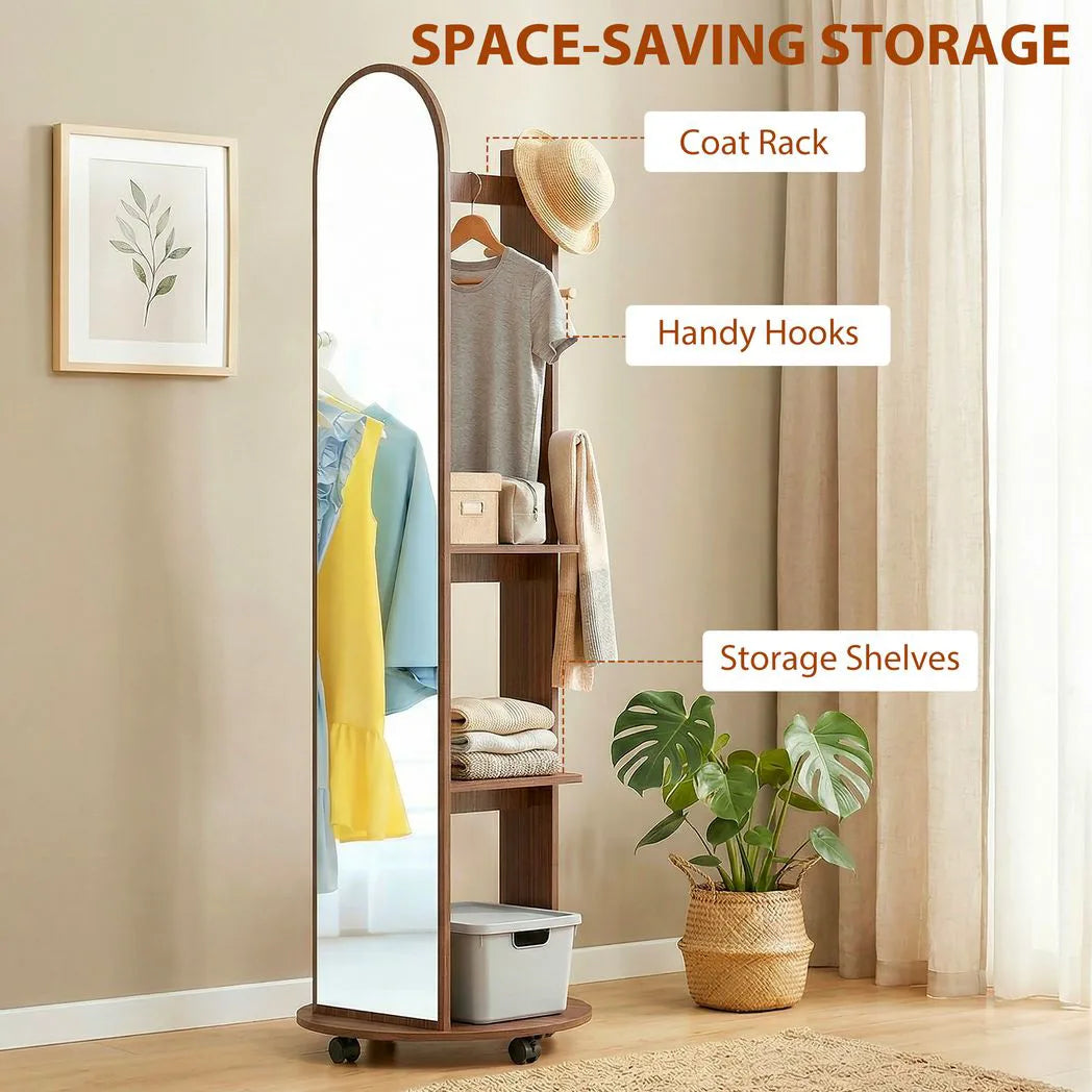 HOMCOM 2-in-1 Full Length Mirror with Storage Shelves, Floor Mirror with 4 Wheels, Coat Rack, Hooks, Brown Wood Effect