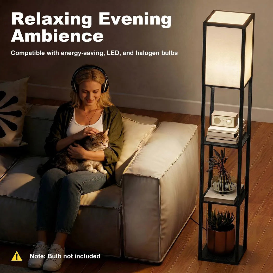 HOMCOM Floor Lamp with Shelves, 3 Layer Column Modern Standing Lamp for Living Room, Bedroom, Office, Bulb not Included, Black