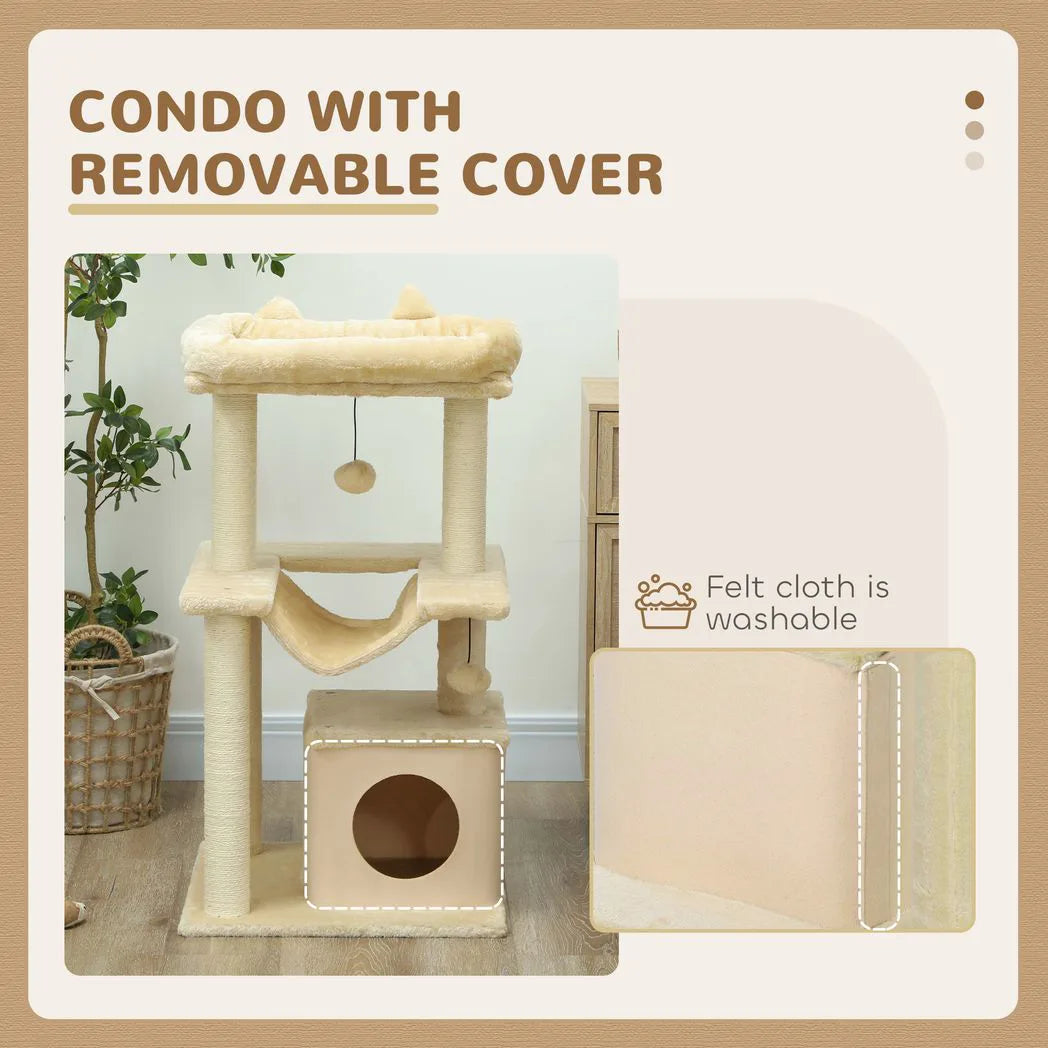 PawHut Cat Tree, 90cm Cat Tower with Sisal Scratching Posts, Cat Condo, Hammock, Top Perch and 2 Hanging Toys for Cats, Beige