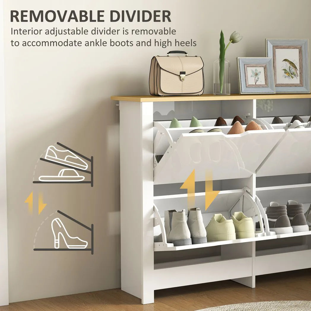 HOMCOM Slim Shoe Cabinet, Narrow Shoe Cupboard with 4 Flip Drawers, Adjustable Shelves for 16 Pairs of Shoes, White