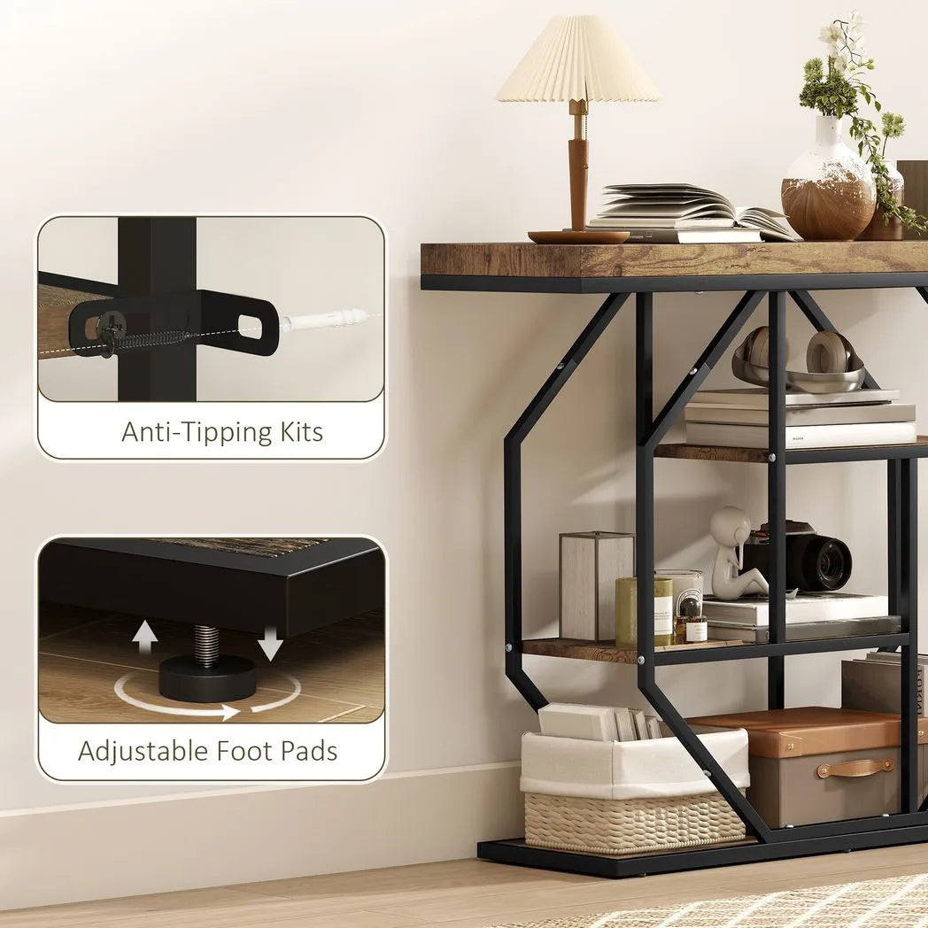 HOMCOM 4-Tier Industrial Console Table - Rustic Brown