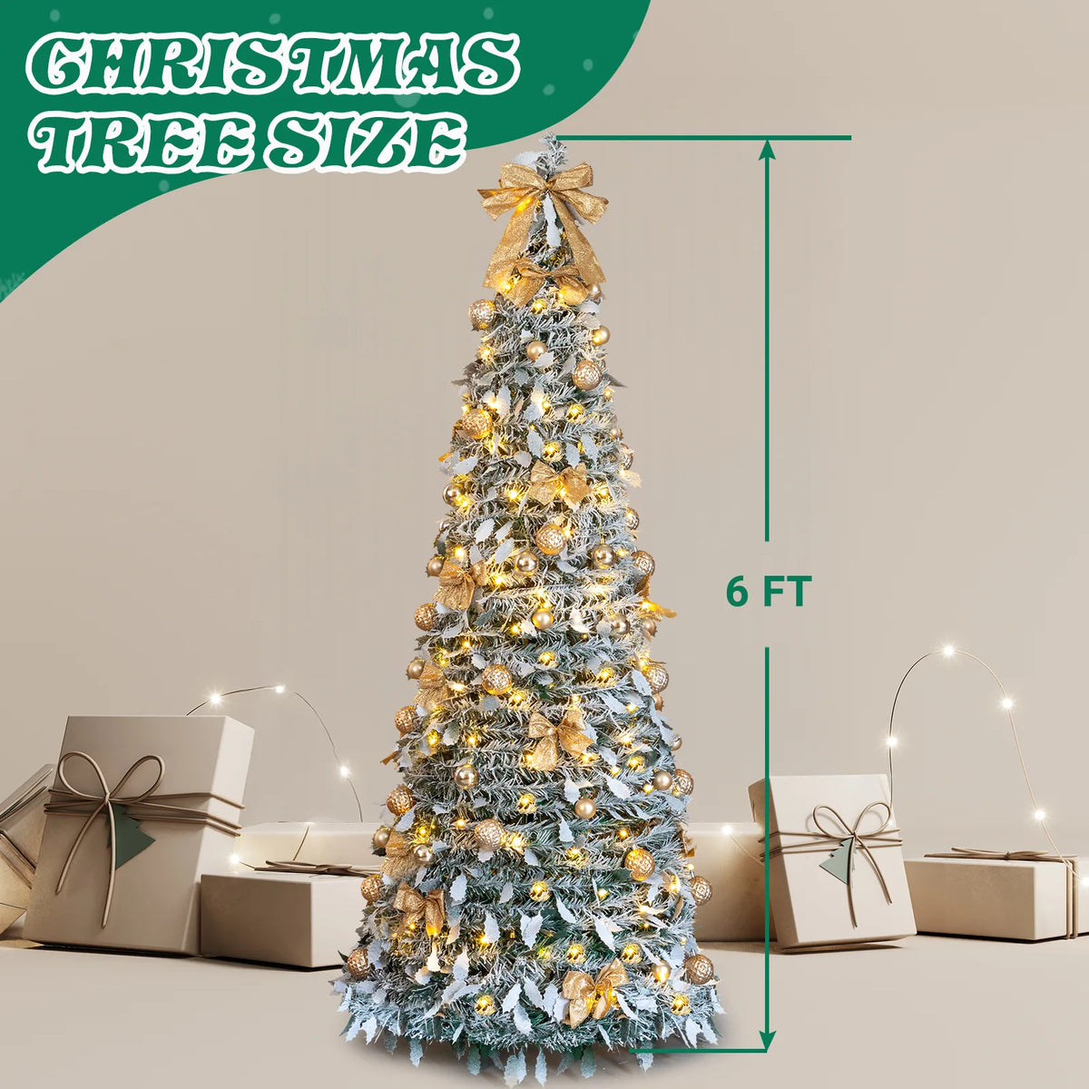 6 FT Snow Flocked Pre-lit Artificial Pop Up Christmas Tree with 100 Warm Lights and Golden Ornaments for Home Office Store Holiday Deco, Snowy Green