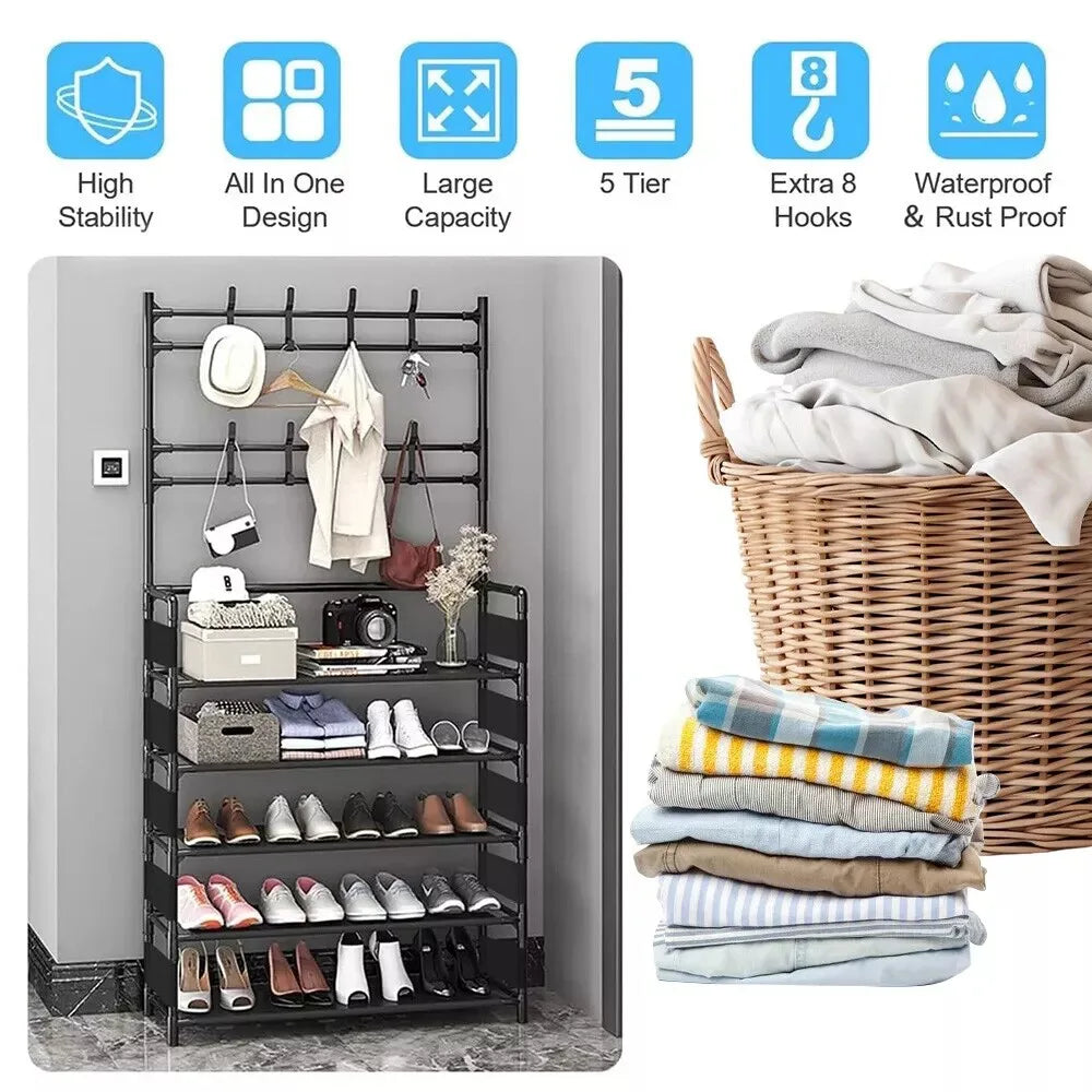 New Coat and Hat Stand 8 Hooks Metal Shoe Rack 5 Tiers Shelf Hanger Black