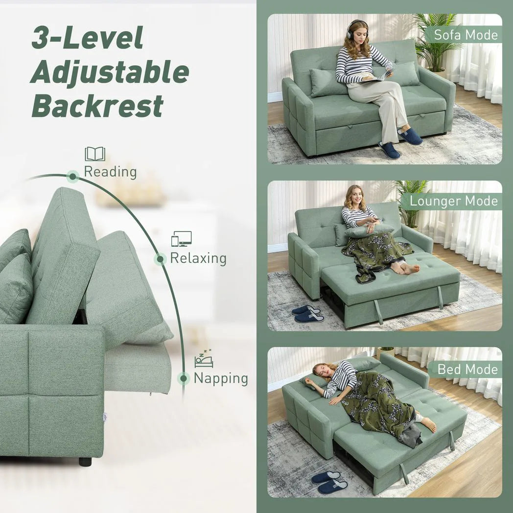 HOMCOM Three-Way 2 Seater Sofa Bed with Three-position back and Two Soft Pillows - Green