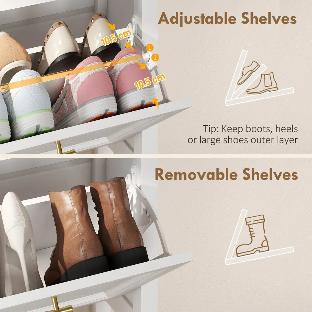 HOMCOM Shoe Cabinet with 2 Flip Drawers, Farmhouse Narrow Shoe Storage Cabinet with Adjustable Shelves, White