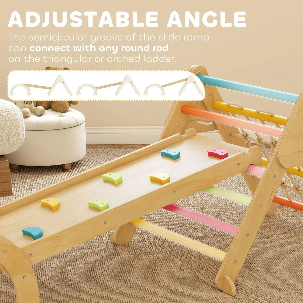 AIYAPLAY 8-in-1 Toddler Climbing Frame, Indoor Play Triangle Set with Slide, Arch and Triangle Ladder, Multicolour