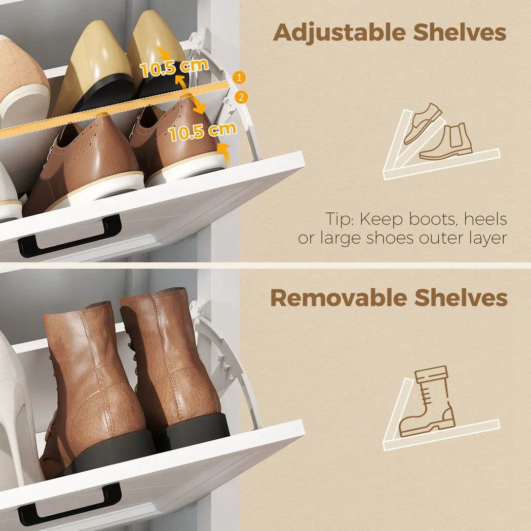 HOMCOM Shoe Cabinet with 2 Flip Drawers, Farmhouse Narrow Shoe Storage Cabinet with Adjustable Shelves, White