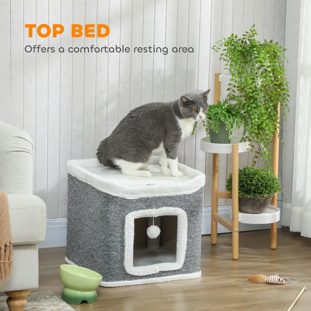 PawHut Cat House for Indoor Kittens, 2-Level Cat Cave Bed with Fluffy Balls, Top Bed, Kitten Barrel for Multi Kitties, Grey