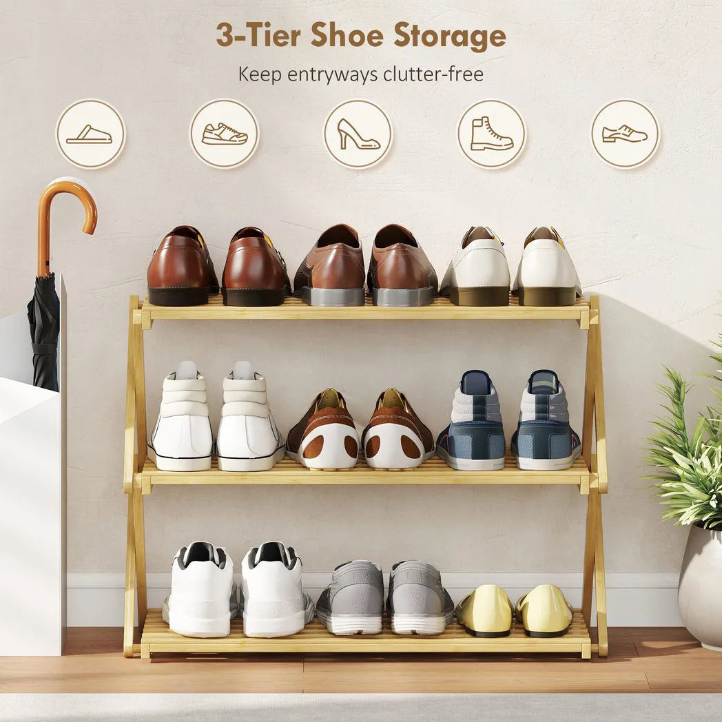 HOMCOM Three-Tier Folding Bamboo Shoe Rack - Natural Finish