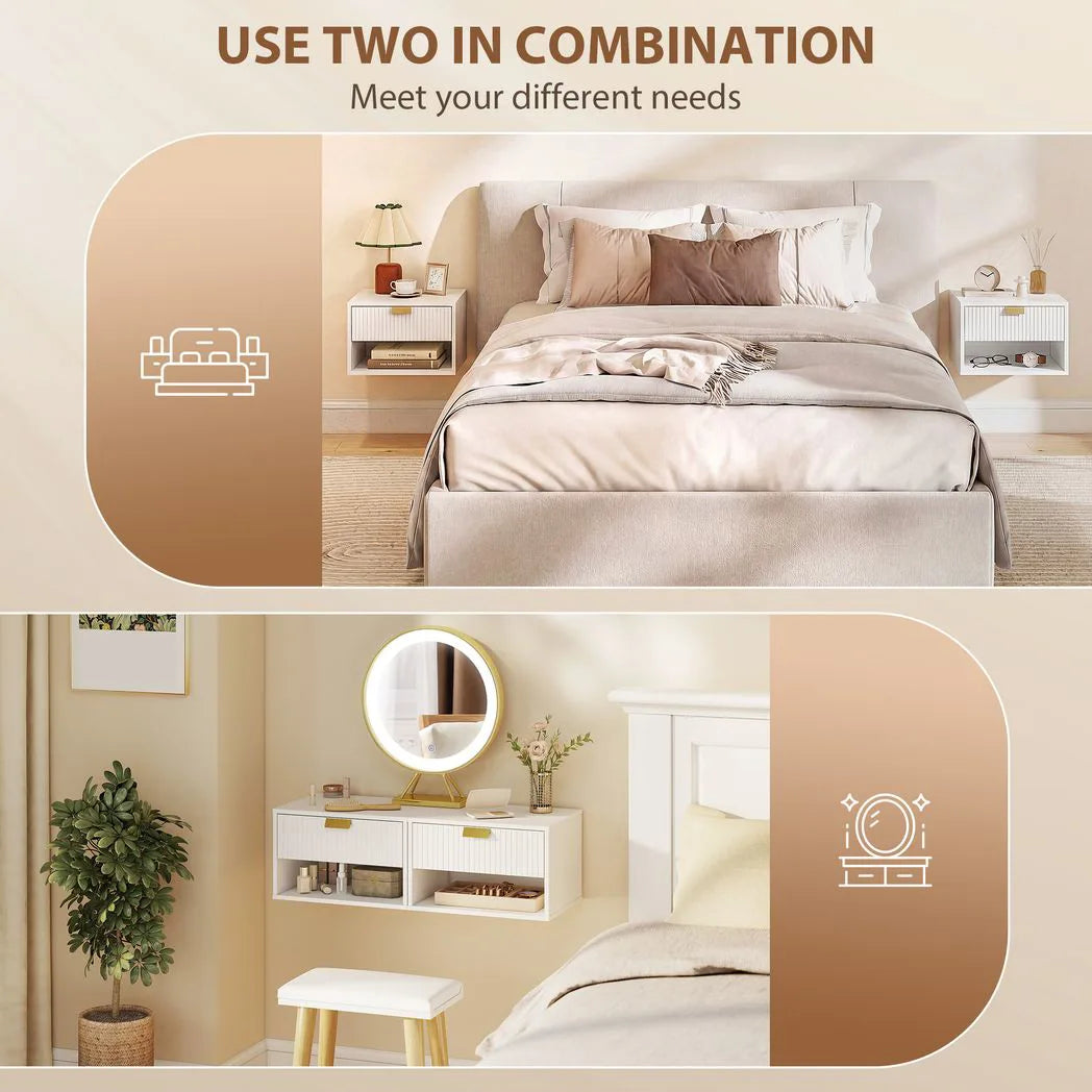HOMCOM Set of 2 Wall Mounted Nightstands, Floating Bedside Tables with Fluted Drawer and Open Shelf for Small Bedroom, White