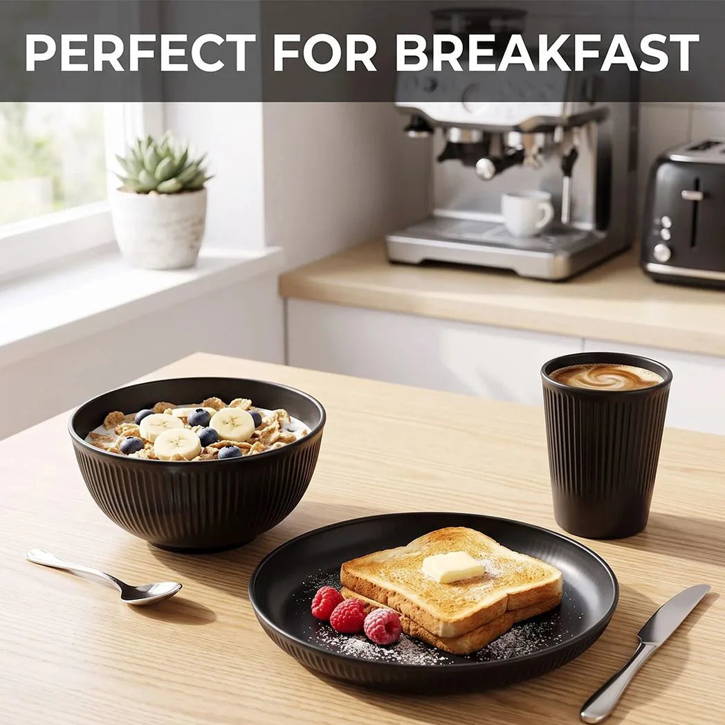 18PCS Round Dinner Set Wheat Straw Dining Plate Bowl Mug Unbreakable Dinnerware-Black