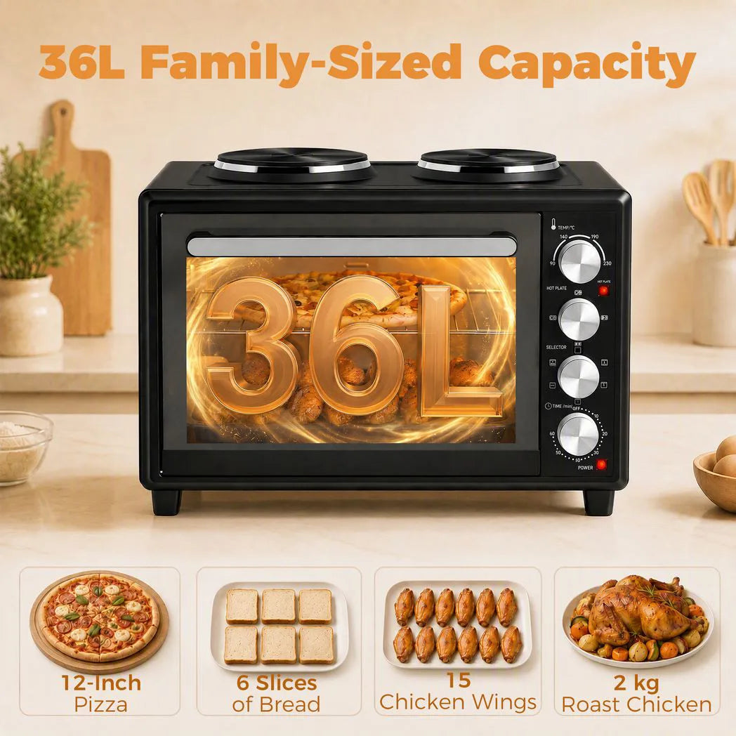 HOMCOM 36L Mini Oven with Dual Hot Plates, Electric Countertop Cooker with Convection, 90?230°C Adjustable Temperature