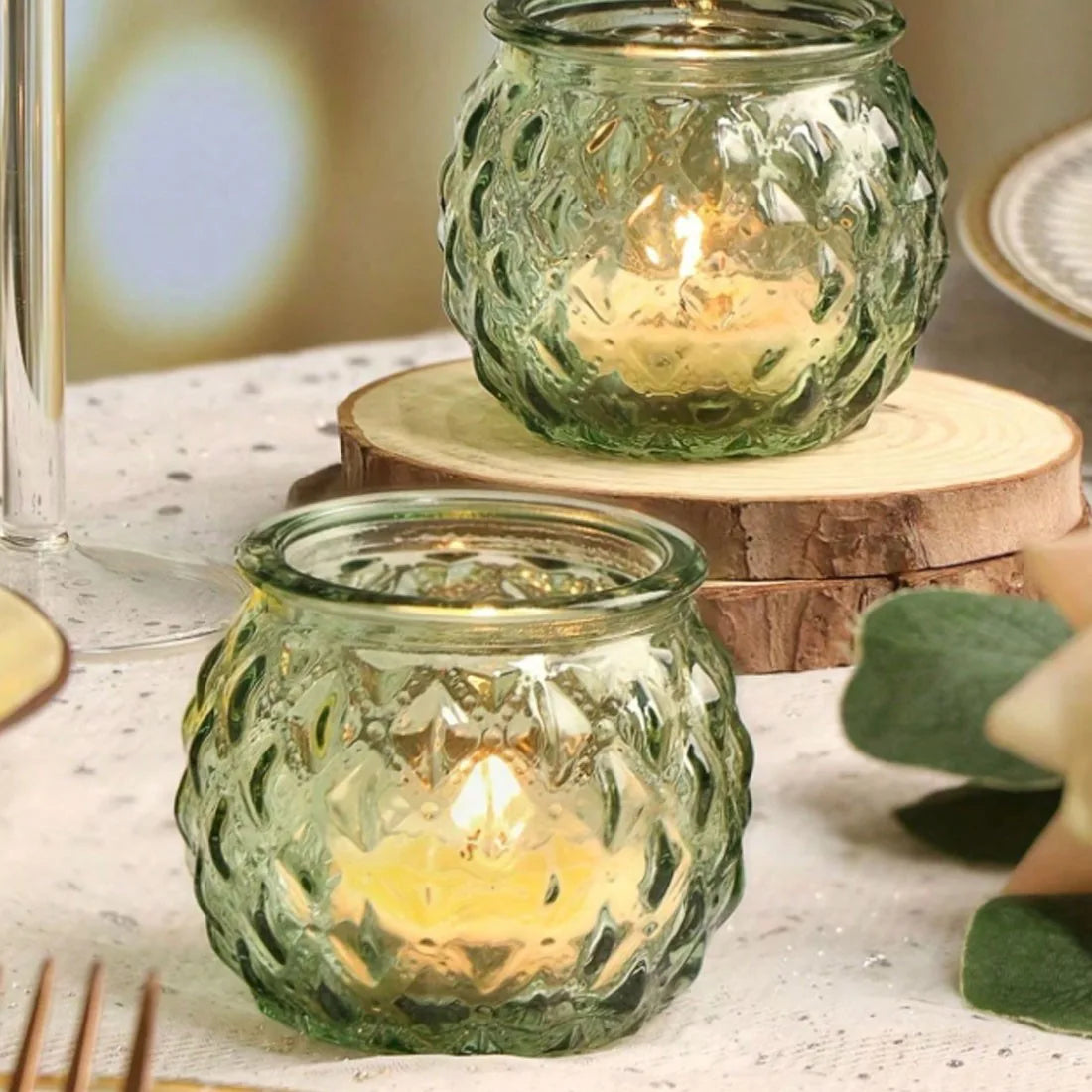 6pcs Green Glass Candle Holder Clear Glass Modern Round  Candle Holder pack
