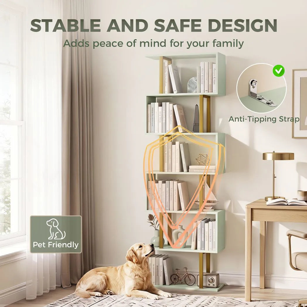 HOMCOM S-Shaped Bookshelf, 6-Tier Bookcase, Freestanding Storage Shelves with Anti-Tip Strap for Living Room, Light Green