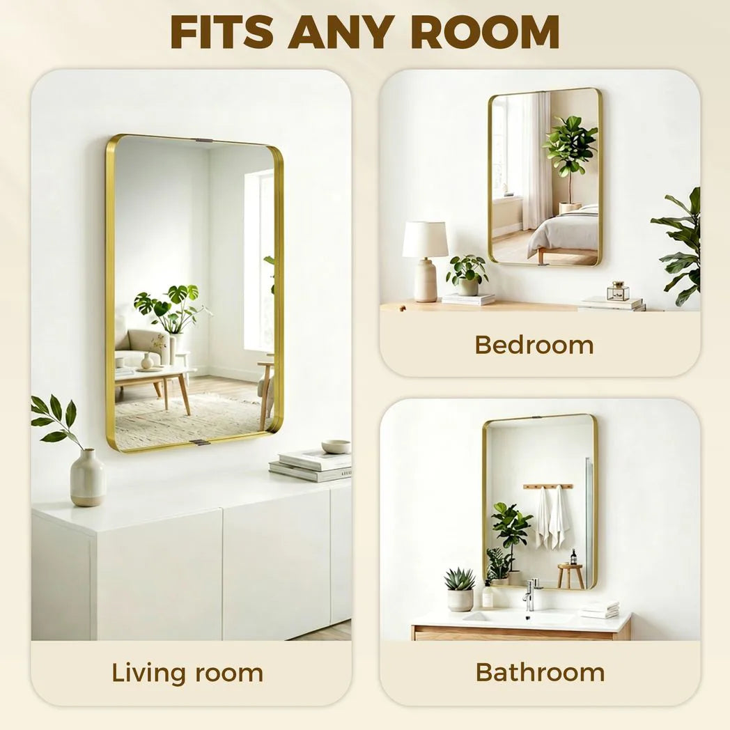 HOMCOM Rectangular Wall Mirror, 90 x 60 cm Wall Mounted Bathroom Mirror w/ Aluminium Alloy Frame and Tempered Glass, Gold Tone