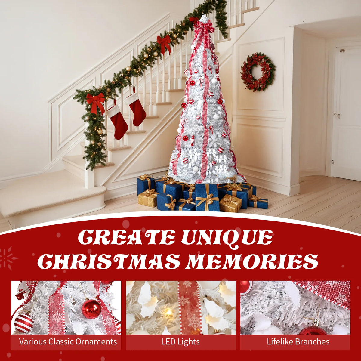 6 FT Fully Decorated Pre-lit Christmas Tree, Pop Up Artificial Xmas Tree with 100 Warm Lights and Red Ornaments for Home Office Store Holiday Deco, White