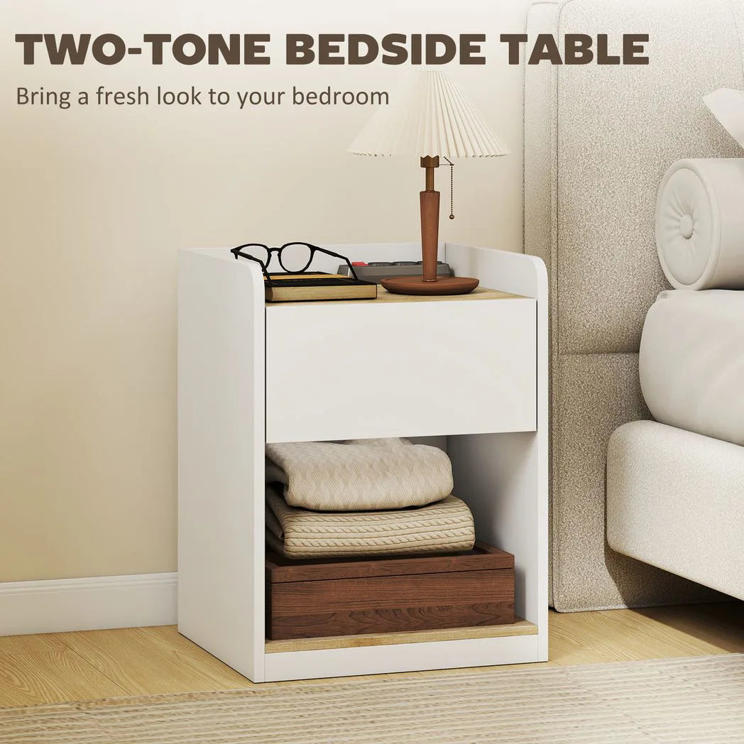 HOMCOM Modern Bedside Table, Slim Nightstand with Drawer, Shelf and Cable Holes, White and Oak