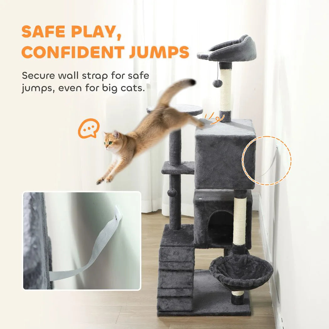 PawHut 140cm Large Cat Tree Tower with Sisal Scratching Posts, Cat Houses, Plush Perches, Hammock, Ladder, Dark Grey