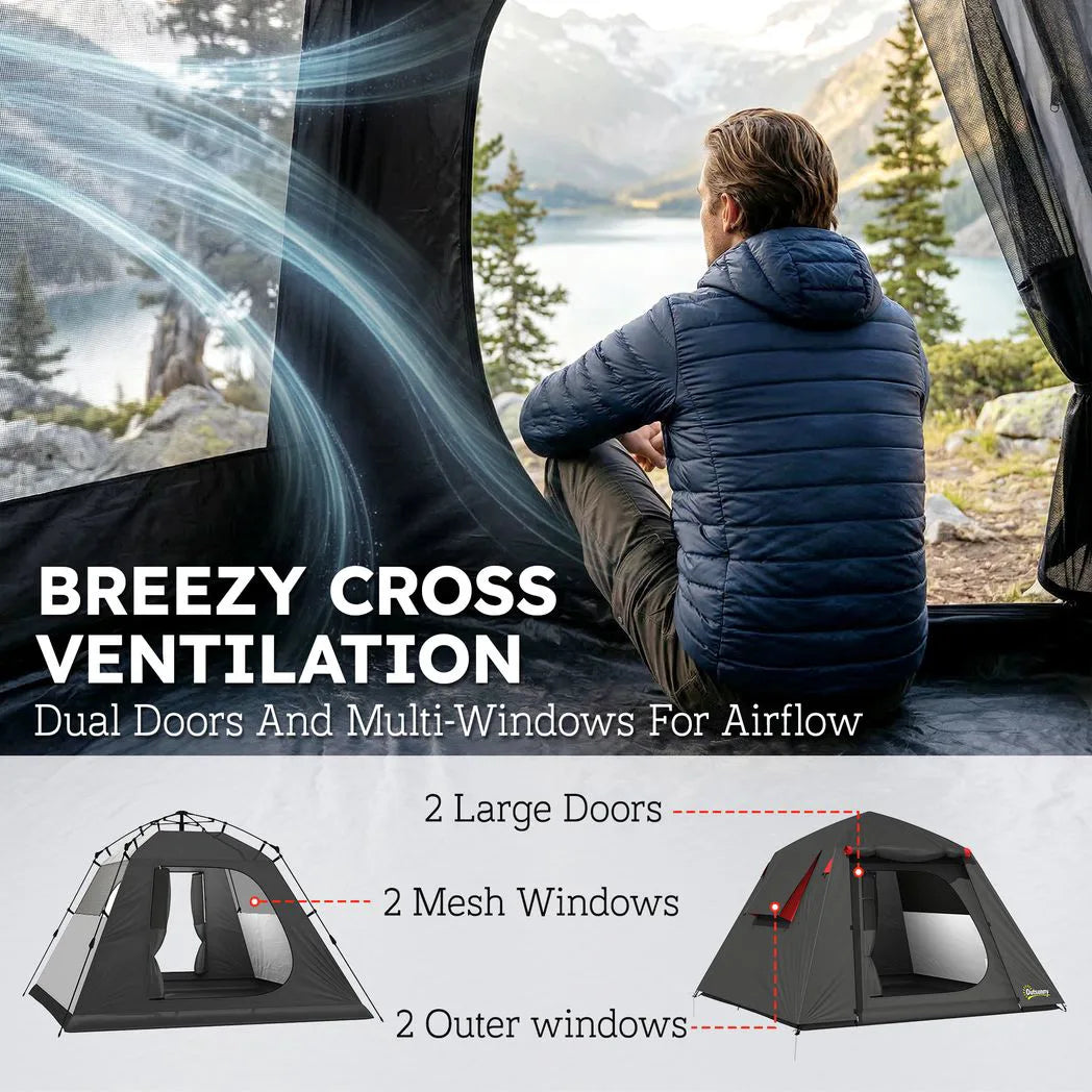 Outsunny Camping Tent 3000mm Waterproof Tent with 2 Doors, Dark Grey and Red