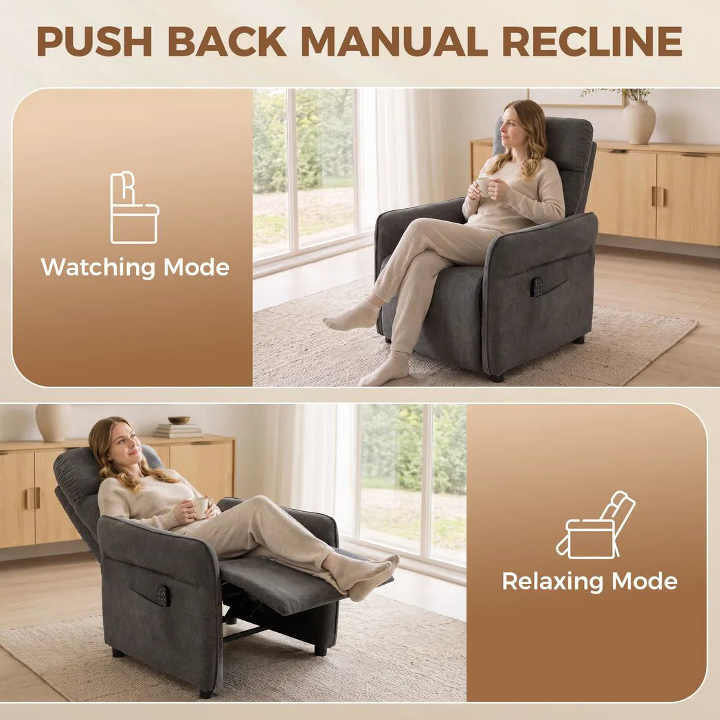 HOMCOM Recliner Armchair, Push Back Recliner Chair with Massage & Heat, Adjustable Armrests, Dual Side Pockets, Dark Grey