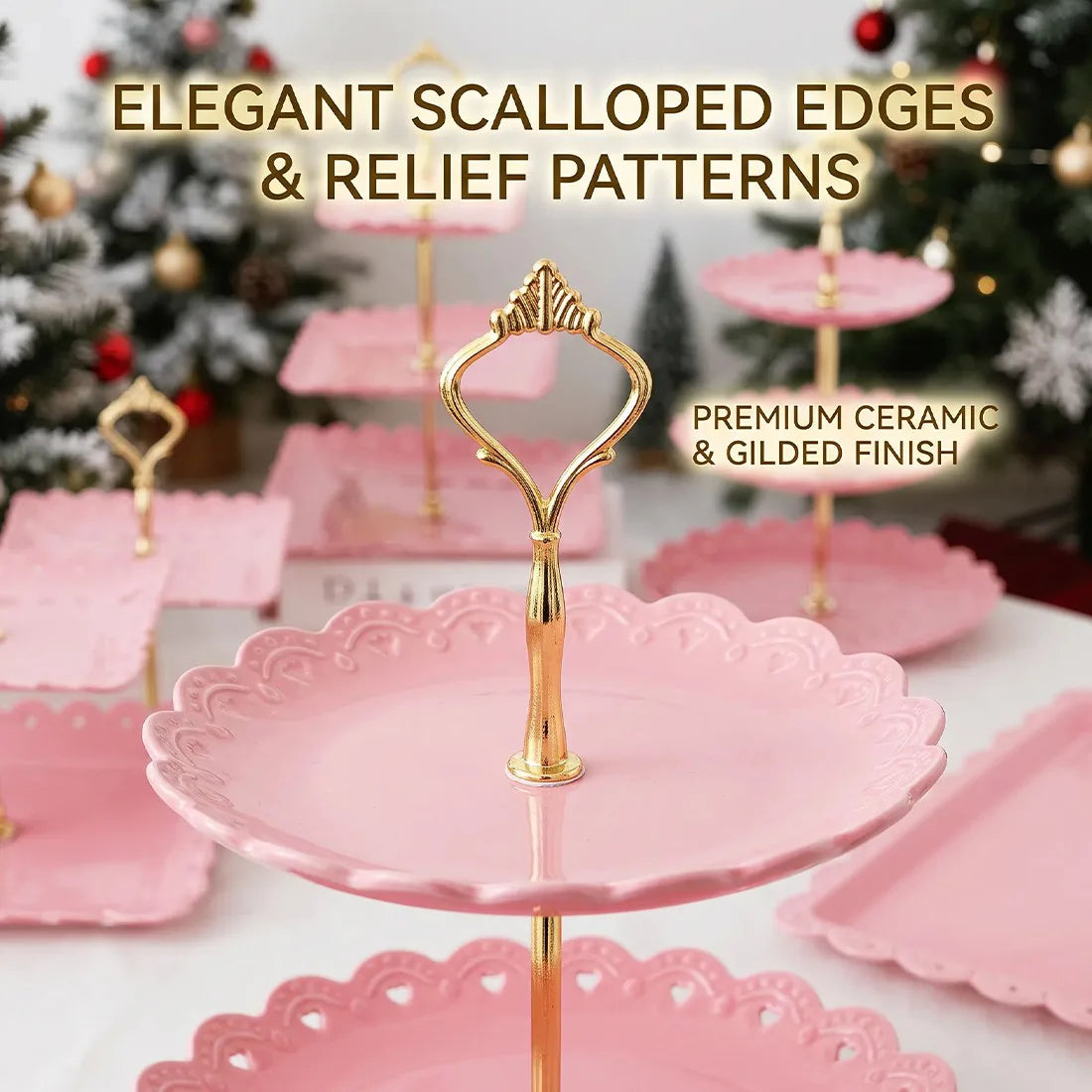 6pcs Cake Stand Afternoon Tea Wedding Plates Party Embossed Tableware Holder-Pink