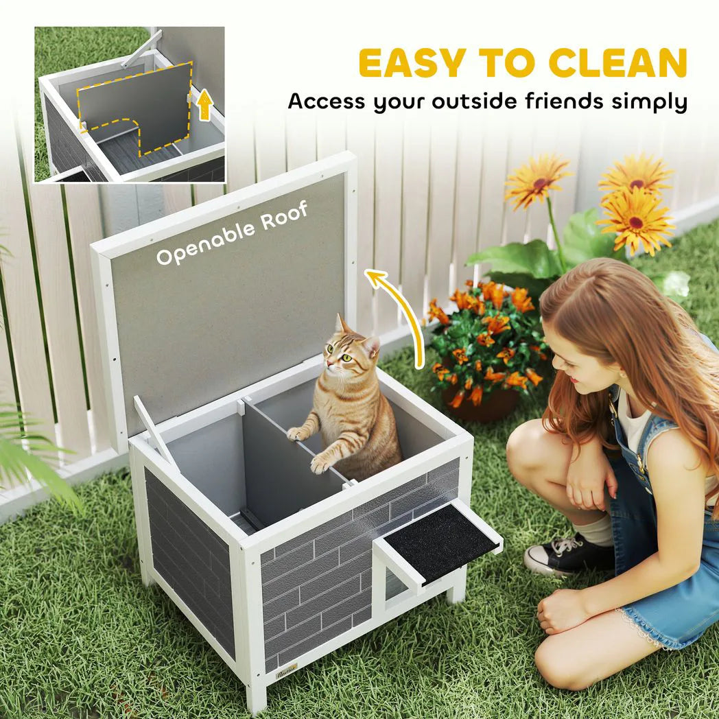PawHut Outdoor Cat House Insulated with Openable Roof, Weatherproof Feral Cat Shelter for Rabbits, Cats, Grey