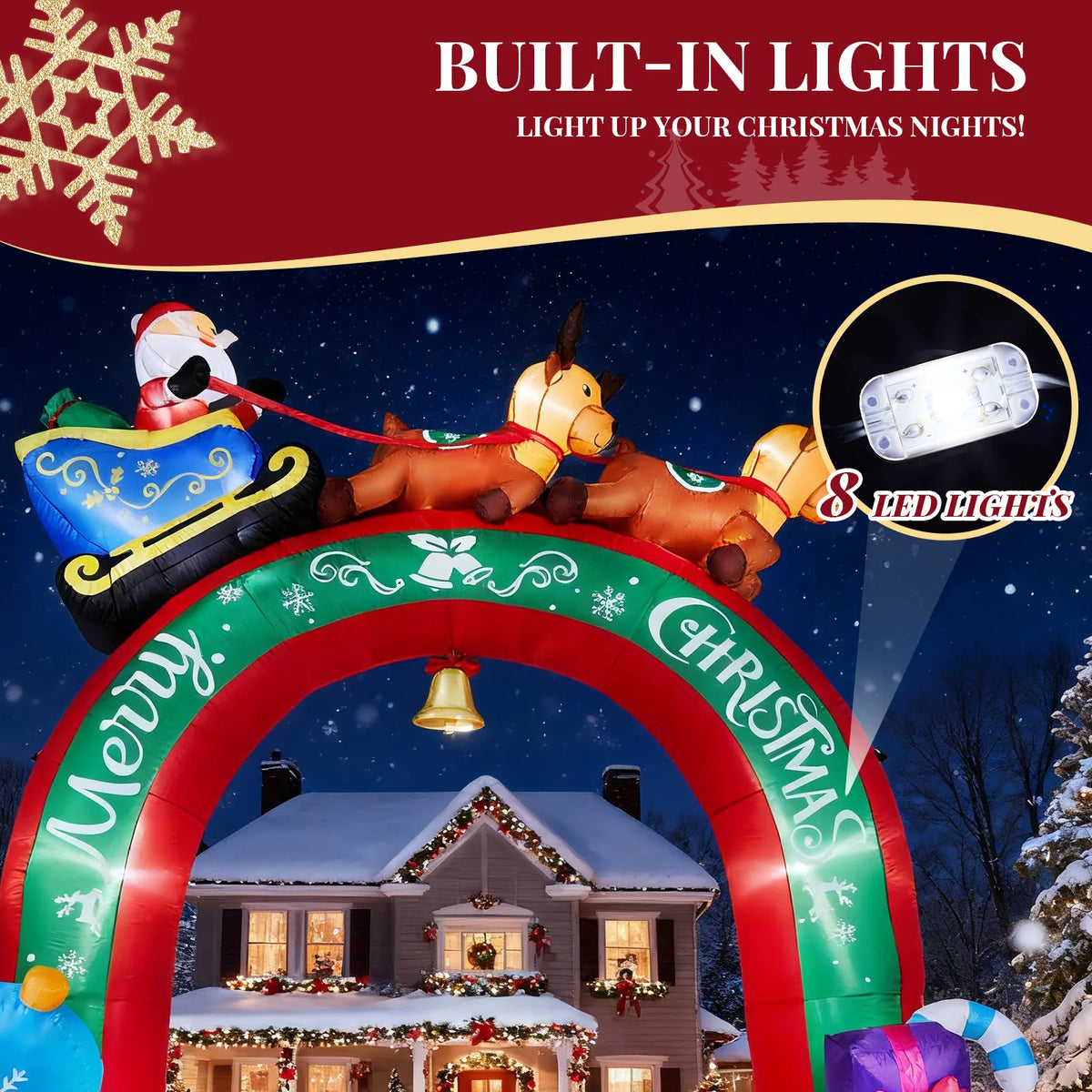 10FT Lighted Christmas Inflatable Archway, Inflatable Arch with Reindeer Pulling Santa's Sleigh, Blow Up Yard Decorations with Built-in LED Lights for Holiday Party Front Yard Lawn Garden Decor