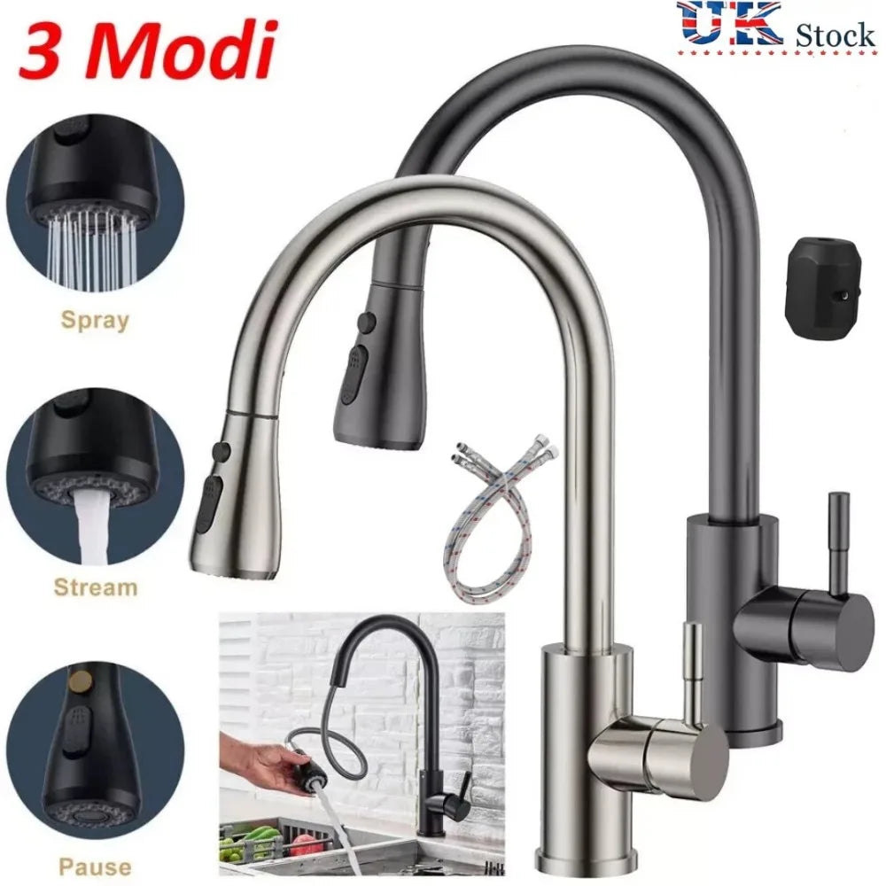 360° Kitchen Sink Mixer Taps Pull Out Spout Spray Single Lever Modern Mono Tap-silver