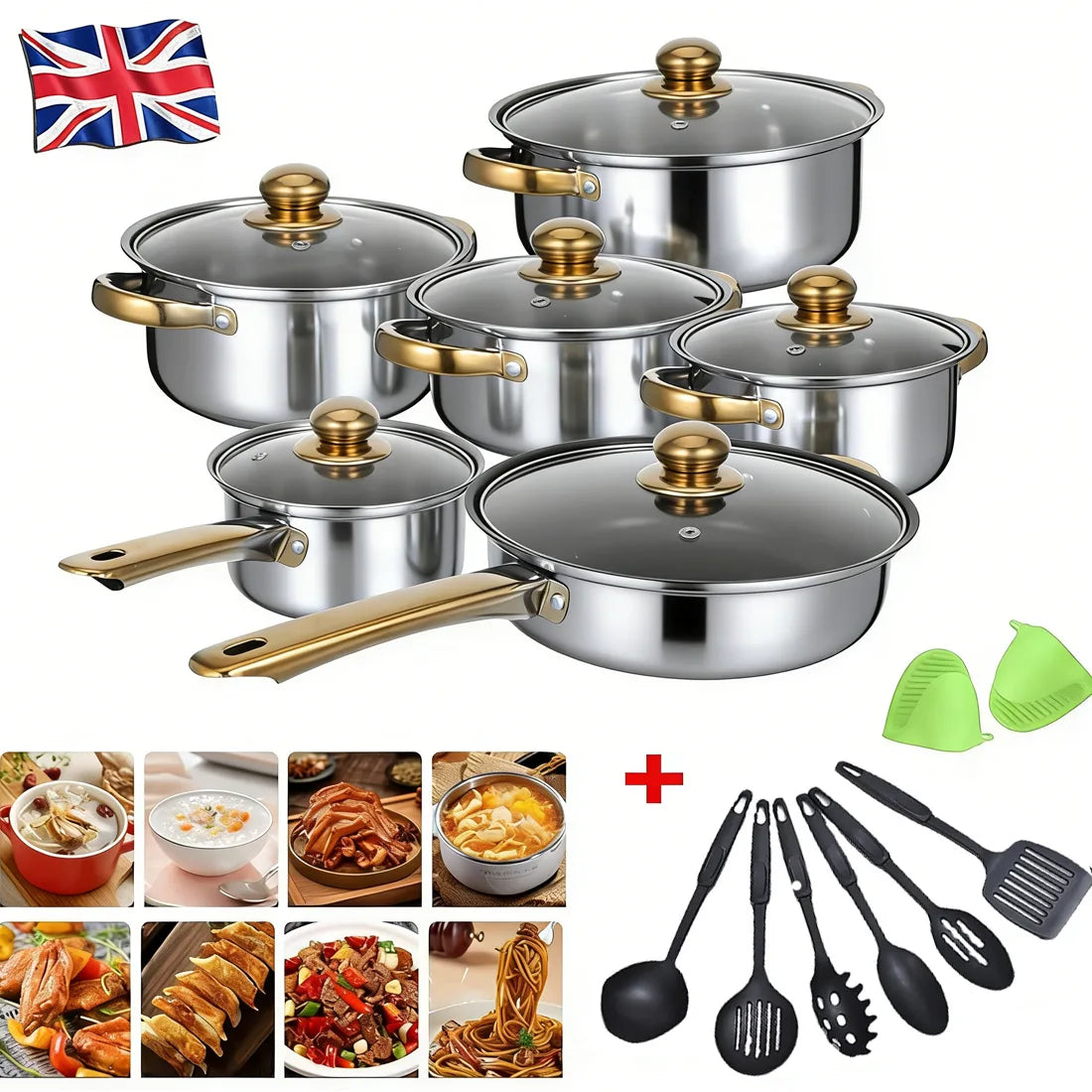 19 PCScookware set, including a non-stick saucepan, frying pan, and milk pan