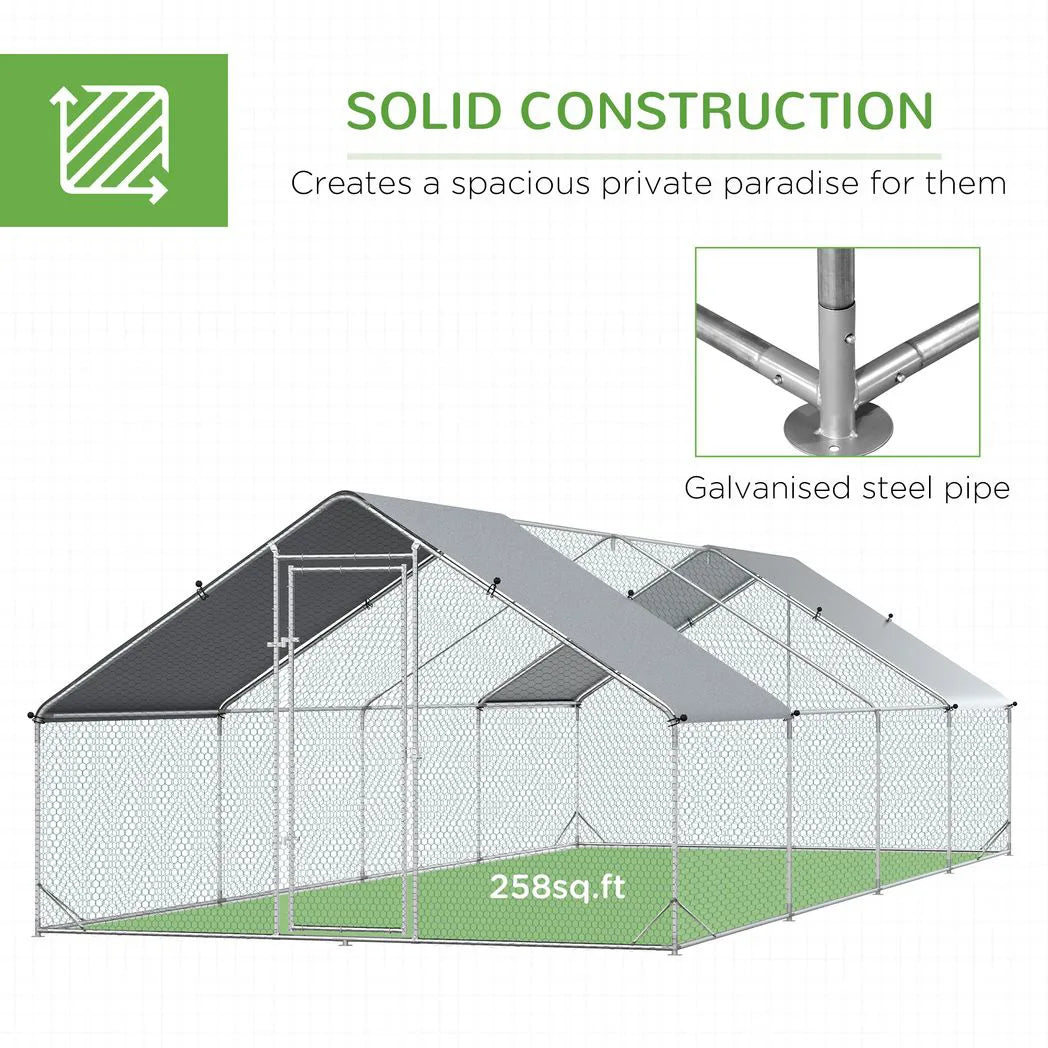 PawHut Chicken Run Galvanised Walk-in Chicken Coop Hen Poultry House Cage Rabbit Hutch with Water-Resist Cover, 3 x 8 x 2m