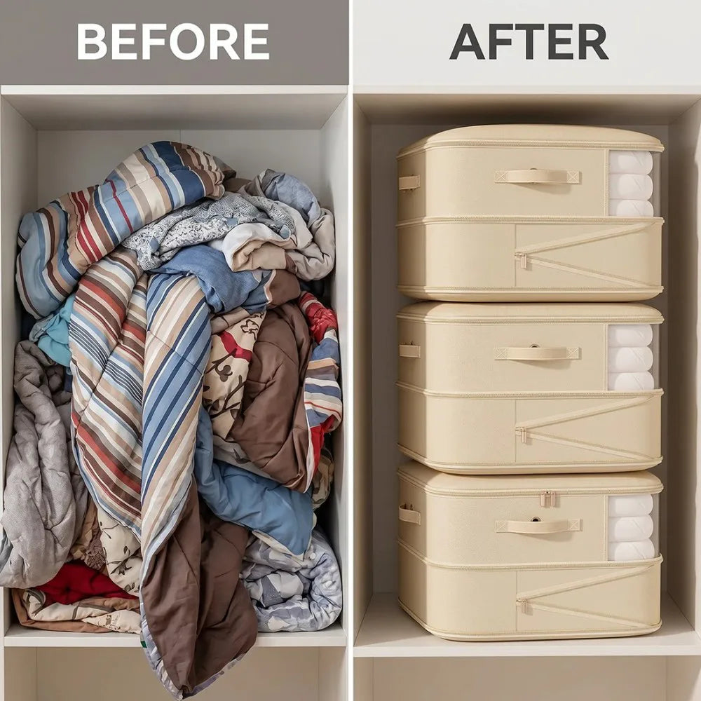 NEW 4x Clothes Storage Bags With Zips Bedroom Large Collapsible Storage Box Bedding UK-Beige