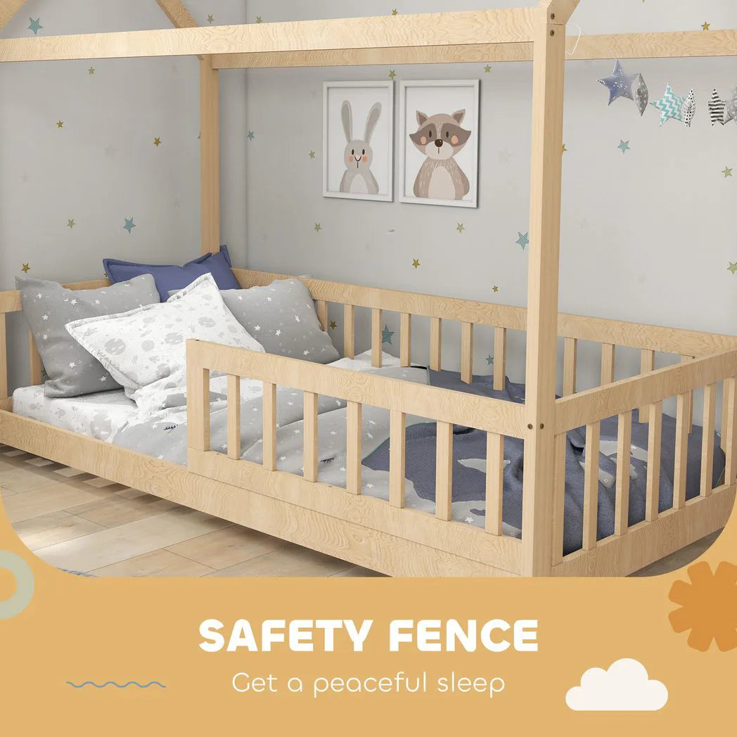 HOMCOM House-Shaped Kids Bed Frame with Guard Rails, Solid Pine Wood Single Bed Frame for Kids Boys and Girls, Natural