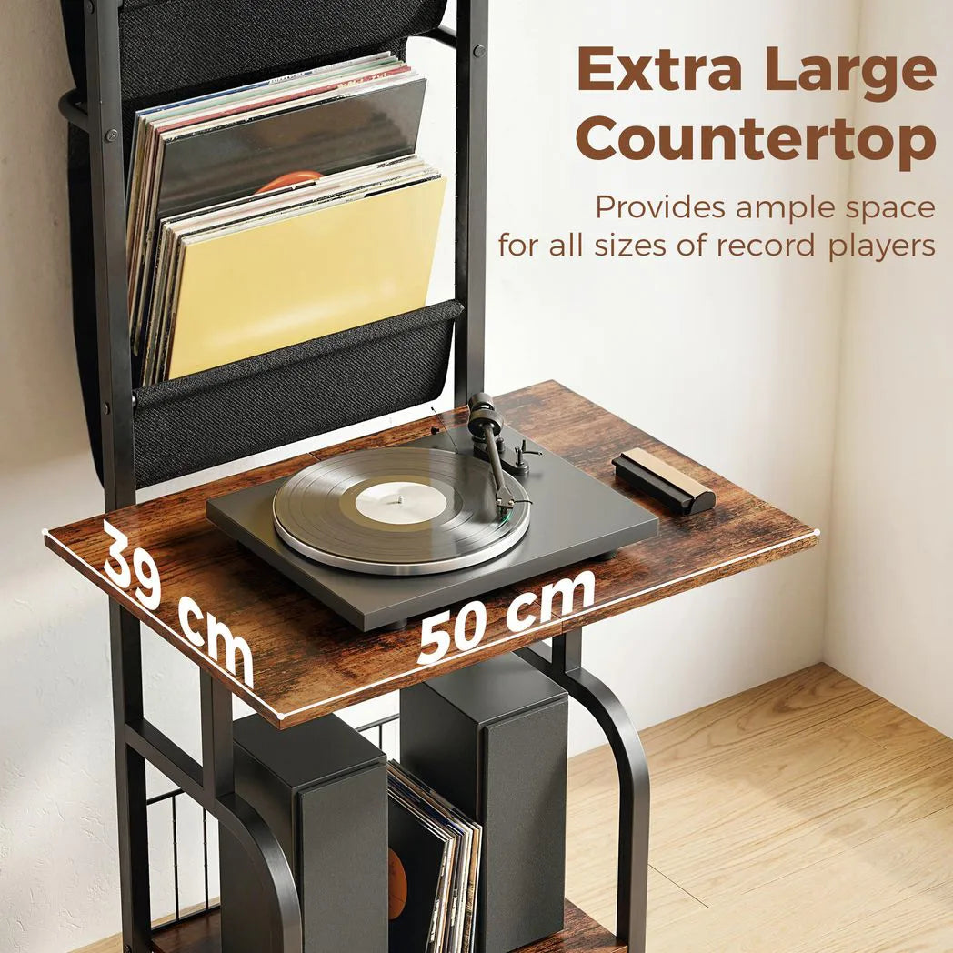 HOMCOM Vinyl Record Player Stand Record Storage with Player Stand Oxford Fabric Pockets Bottom Shelf Rustic Brown and Black