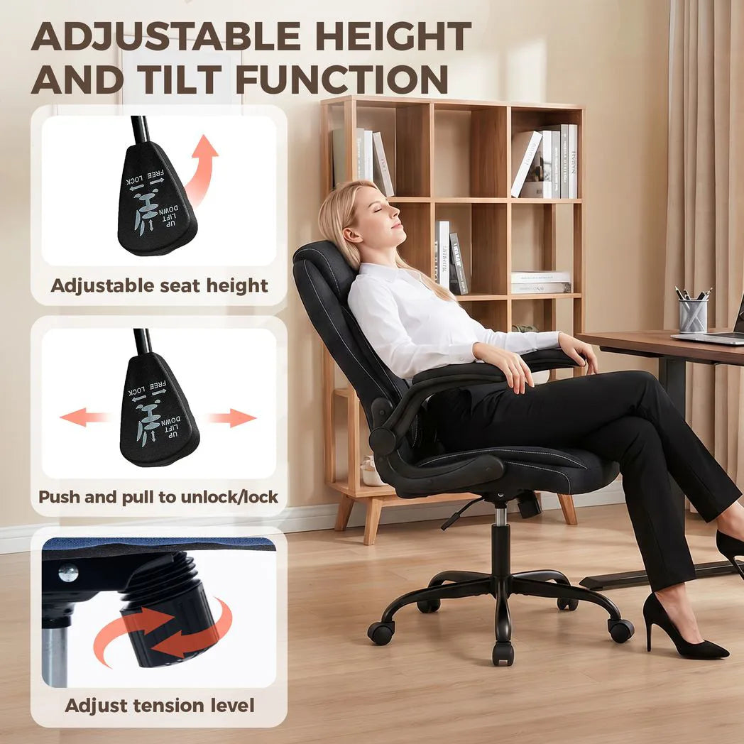 HOMCOM Linen-Look Computer Desk Chair, Executive Office Chair with Flip-Up Armrests and Thick Cushion, Black
