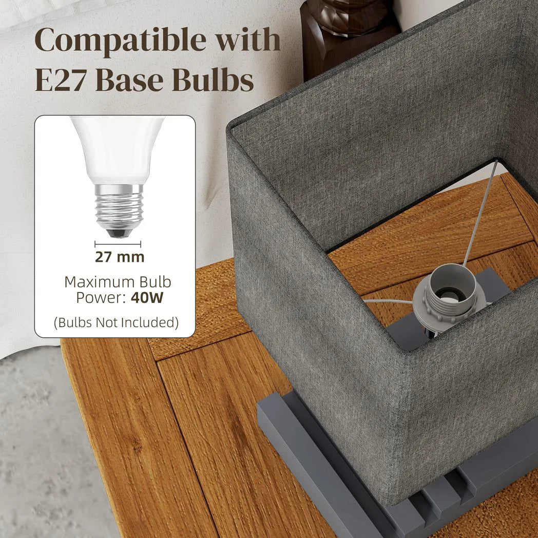 HOMCOM Bedside Lamp with USB A Charging Ports and 3 Phone Stands, Modern Table Lamp with Solid Wood Base and Fabric Shade for Bedroom Living Room Office, E27 Socket, Bulb Not Included, Grey