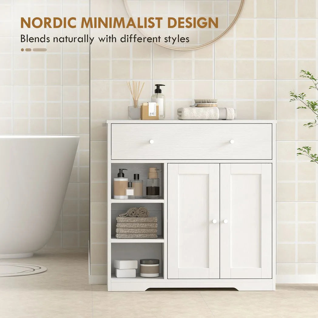 HOMCOM Bathroom Floor Cabinet, Freestanding Bathroom Cabinet with Drawer, Door, Open Shelves, White