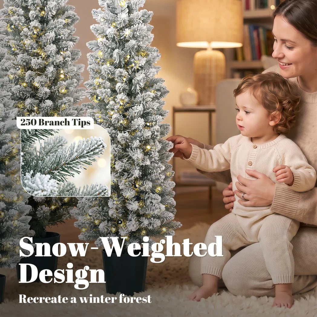 HOMCOM Prelit Snowy Flocked Artificial Christmas Tree Set of 3, Slim Xmas Tree with PVC Tips, 3FT??